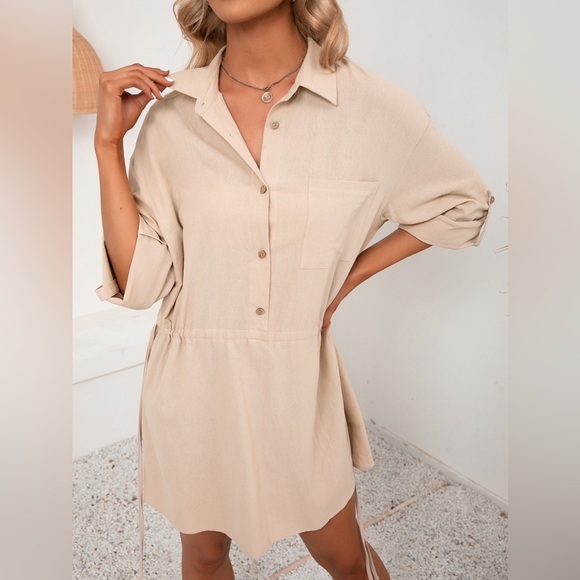 Drawstring Half Button Roll-Tab Sleeve Dress - Picture 2 of 5